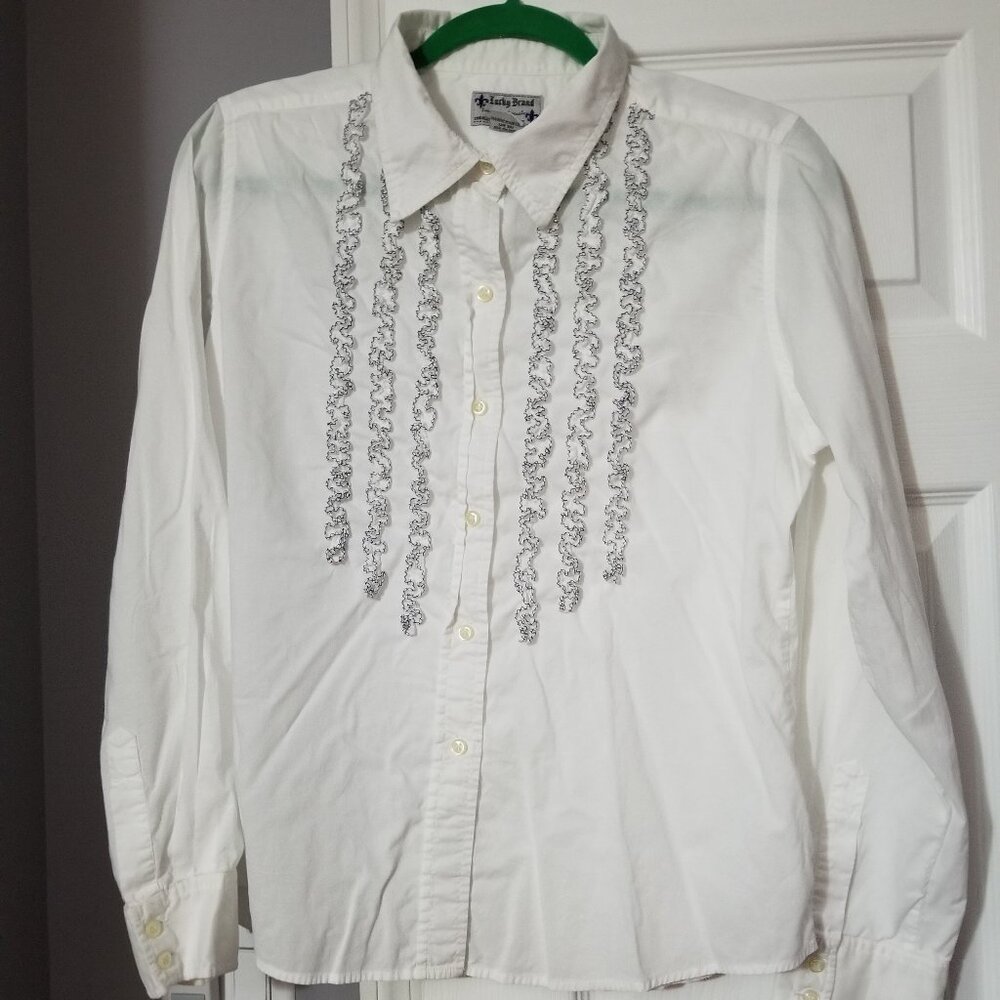 Lucky Brand White Button-Down Blouse with Blue Trim and Ruffles